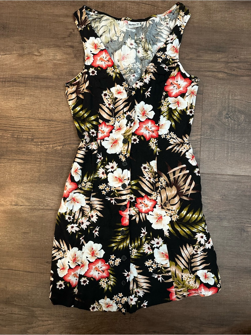 Tropical Floral Button-Front Dress in Black with Coral & White Flowers